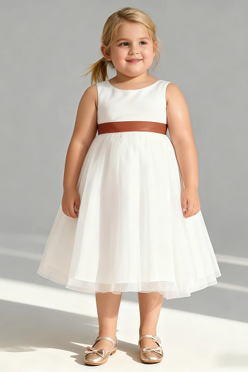 Akaks Blythe Flower Girl Dress Paprika A-Line Scoop Neck Tea Length Tulle Dress with Detachable Bow Image923103