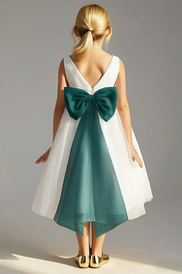 Akaks Blythe Flower Girl Dress Peacock A-Line Scoop Neck Tea Length Tulle Dress with Detachable Bow Image649608