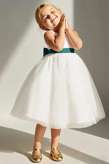 Akaks Blythe Flower Girl Dress Peacock A-Line Scoop Neck Tea Length Tulle Dress with Detachable Bow Image868564