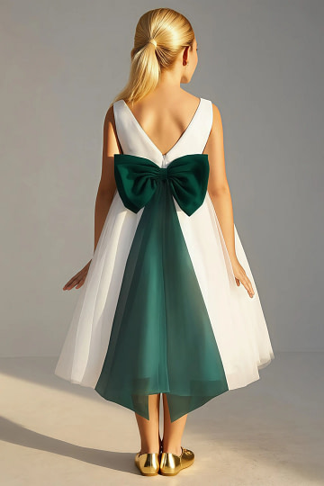 Akaks Blythe Flower Girl Dress Pine A-Line Scoop Neck Tea Length Tulle Dress with Detachable Bow Image172888