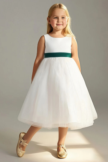 Akaks Blythe Flower Girl Dress Pine A-Line Scoop Neck Tea Length Tulle Dress with Detachable Bow Image730556