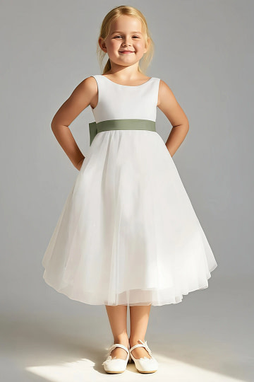 Akaks Blythe Flower Girl Dress Pistachio A-Line Scoop Neck Tea Length Tulle Dress with Detachable Bow Image242564