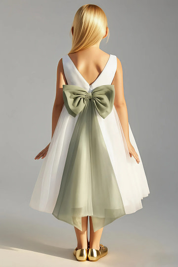 Akaks Blythe Flower Girl Dress Pistachio A-Line Scoop Neck Tea Length Tulle Dress with Detachable Bow Image586644