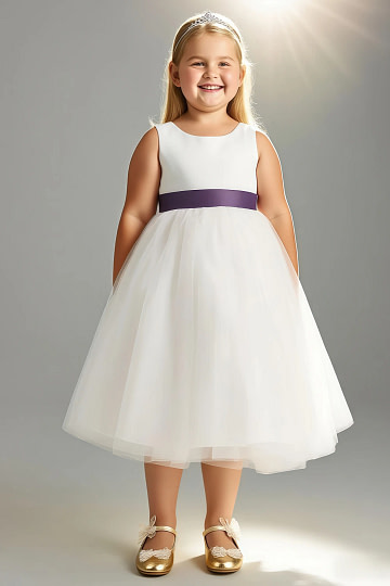 Akaks Blythe Flower Girl Dress Plum A-Line Scoop Neck Tea Length Tulle Dress with Detachable Bow Image234344