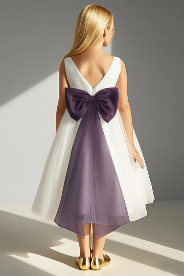 Akaks Blythe Flower Girl Dress Plum A-Line Scoop Neck Tea Length Tulle Dress with Detachable Bow Image349741
