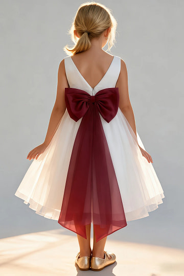 Akaks Blythe Flower Girl Dress Pomegranate A-Line Scoop Neck Tea Length Tulle Dress with Detachable Bow Image292217