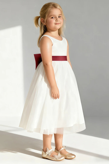 Akaks Blythe Flower Girl Dress Pomegranate A-Line Scoop Neck Tea Length Tulle Dress with Detachable Bow Image685326