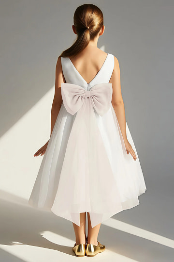 Akaks Blythe Flower Girl Dress Rose Petal A-Line Scoop Neck Tea Length Tulle Dress with Detachable Bow Image158506