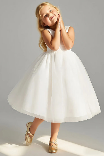 Akaks Blythe Flower Girl Dress Rose Petal A-Line Scoop Neck Tea Length Tulle Dress with Detachable Bow Image787604