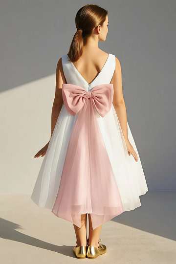 Akaks Blythe Flower Girl Dress Rosette A-Line Scoop Neck Tea Length Tulle Dress with Detachable Bow Image107880