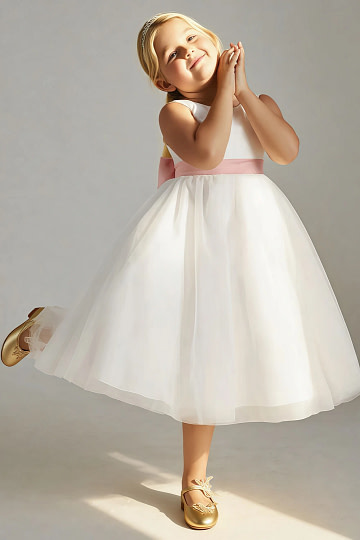 Akaks Blythe Flower Girl Dress Rosette A-Line Scoop Neck Tea Length Tulle Dress with Detachable Bow Image328030