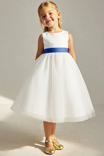 Akaks Blythe Flower Girl Dress Royal Blue A-Line Scoop Neck Tea Length Tulle Dress with Detachable Bow Image469828