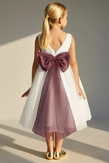 Akaks Blythe Flower Girl Dress Sangria A-Line Scoop Neck Tea Length Tulle Dress with Detachable Bow Image776264