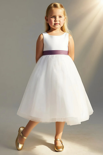 Akaks Blythe Flower Girl Dress Sangria A-Line Scoop Neck Tea Length Tulle Dress with Detachable Bow Image897679