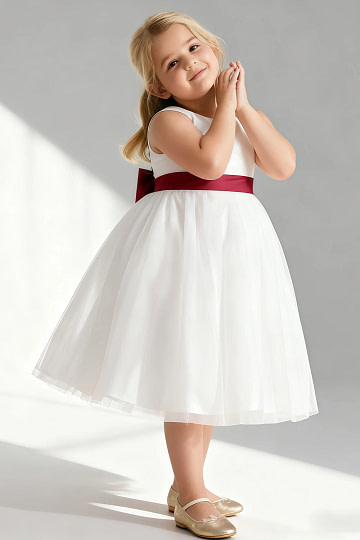 Akaks Blythe Flower Girl Dress Scarlet A-Line Scoop Neck Tea Length Tulle Dress with Detachable Bow Image115724