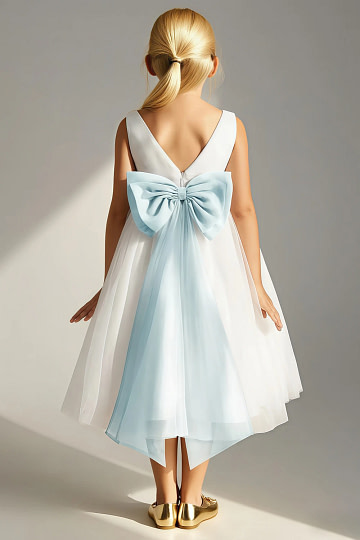 Akaks Blythe Flower Girl Dress Sea Glass A-Line Scoop Neck Tea Length Tulle Dress with Detachable Bow Image478109