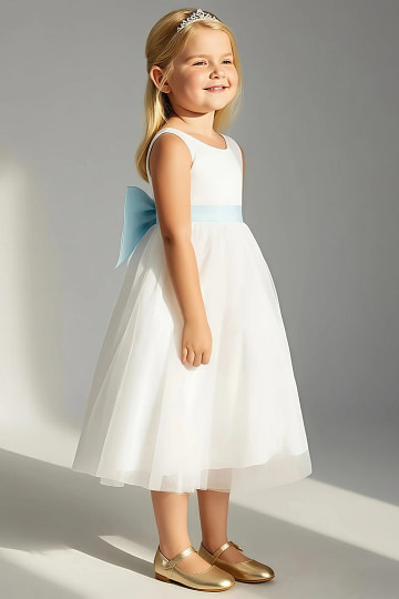 Akaks Blythe Flower Girl Dress Sea Glass A-Line Scoop Neck Tea Length Tulle Dress with Detachable Bow Image949817