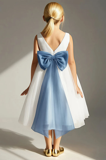 Akaks Blythe Flower Girl Dress Steel Blue A-Line Scoop Neck Tea Length Tulle Dress with Detachable Bow Image762720