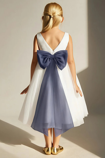 Akaks Blythe Flower Girl Dress Stormy A-Line Scoop Neck Tea Length Tulle Dress with Detachable Bow Image423252