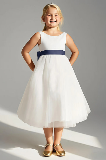Akaks Blythe Flower Girl Dress Stormy A-Line Scoop Neck Tea Length Tulle Dress with Detachable Bow Image451950