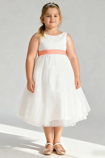 Akaks Blythe Flower Girl Dress Sunset A-Line Scoop Neck Tea Length Tulle Dress with Detachable Bow Image318979