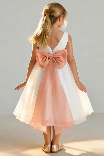 Akaks Blythe Flower Girl Dress Sunset A-Line Scoop Neck Tea Length Tulle Dress with Detachable Bow Image360950