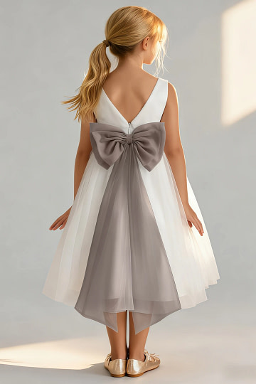 Akaks Blythe Flower Girl Dress Taupe A-Line Scoop Neck Tea Length Tulle Dress with Detachable Bow Image881756