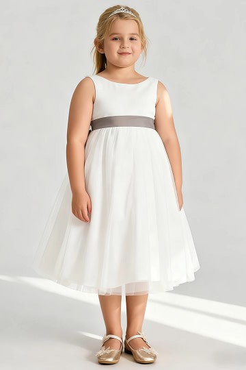 Akaks Blythe Flower Girl Dress Taupe A-Line Scoop Neck Tea Length Tulle Dress with Detachable Bow Image921227
