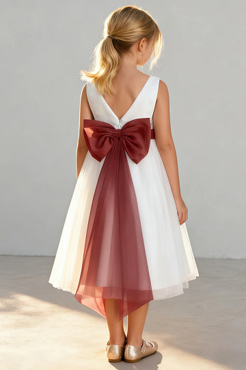 Akaks Blythe Flower Girl Dress Terracotta A-Line Scoop Neck Tea Length Tulle Dress with Detachable Bow Image459963