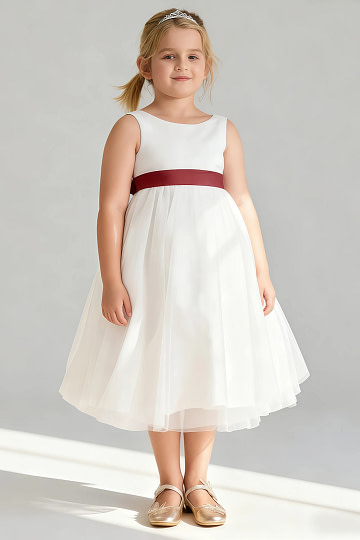 Akaks Blythe Flower Girl Dress Terracotta A-Line Scoop Neck Tea Length Tulle Dress with Detachable Bow Image518993