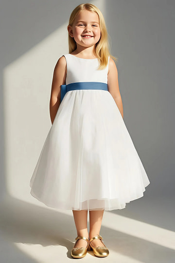 Akaks Blythe Flower Girl Dress Twilight A-Line Scoop Neck Tea Length Tulle Dress with Detachable Bow Image166804