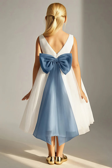 Akaks Blythe Flower Girl Dress Twilight A-Line Scoop Neck Tea Length Tulle Dress with Detachable Bow Image585040