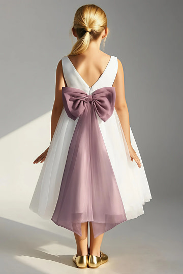 Akaks Blythe Flower Girl Dress Vintage Mauve A-Line Scoop Neck Tea Length Tulle Dress with Detachable Bow Image221117