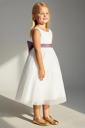 Akaks Blythe Flower Girl Dress Vintage Mauve A-Line Scoop Neck Tea Length Tulle Dress with Detachable Bow Image551599