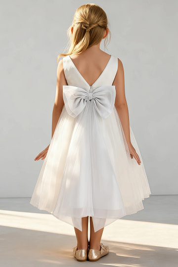Akaks Blythe Flower Girl Dress White A-Line Scoop Neck Tea Length Tulle Dress with Detachable Bow Image718412