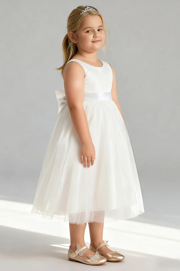 Akaks Blythe Flower Girl Dress White A-Line Scoop Neck Tea Length Tulle Dress with Detachable Bow Image954068