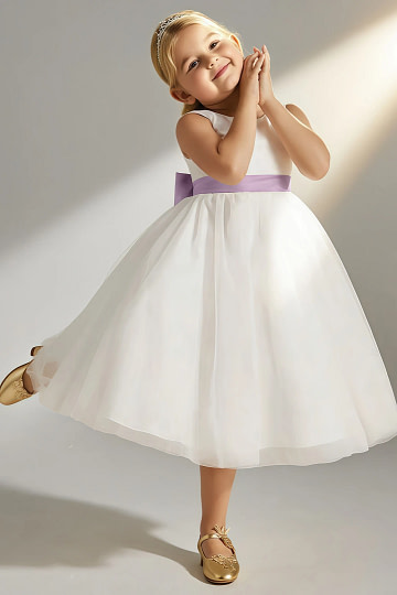Akaks Blythe Flower Girl Dress Wisteria A-Line Scoop Neck Tea Length Tulle Dress with Detachable Bow Image839582