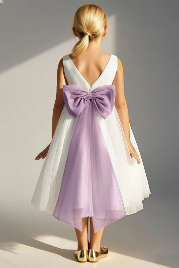 Akaks Blythe Flower Girl Dress Wisteria A-Line Scoop Neck Tea Length Tulle Dress with Detachable Bow Image973991