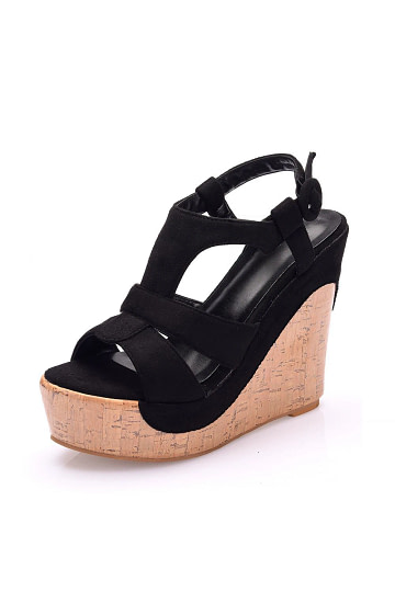 Akaks Daphne Black Suede Wood Peep Toe Platform Sandals With Wedge For Women Heel Height 4.92inch Image444796