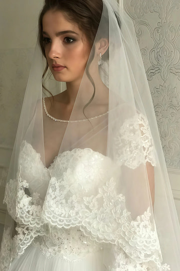Akaks Double Tiers Jai Bridal Veils with Lace​ with Vintage White Chapel Length Image873479