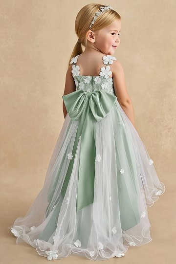 Akaks Eria Agave Green Flower Girl Dress A-Line Lace Tulle Asymmetrical Hem Sleeveless V-neck 3D White Flowers Dress Image558207