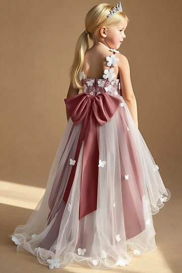 Akaks Eria Amethyst Flower Girl Dress A-Line V-neck Lace Tulle Asymmetrical Hem Sleeveless 3D White Flowers Dress Image112489