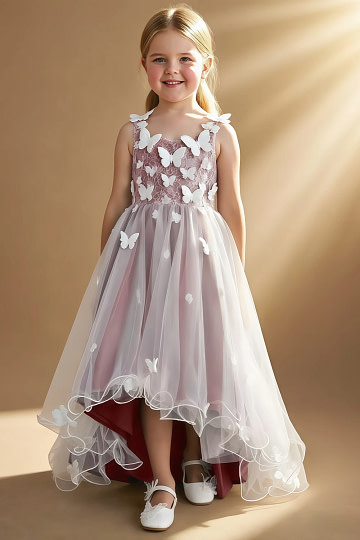 Akaks Eria Amethyst Flower Girl Dress A-Line V-neck Lace Tulle Asymmetrical Hem Sleeveless 3D White Flowers Dress Image222663