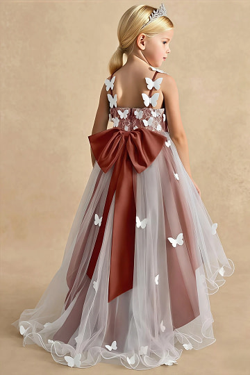 Akaks Eria Auburn Flower Girl Dress A-Line V-neck Lace Tulle Asymmetrical Hem Sleeveless 3D White Flowers Dress Image424573