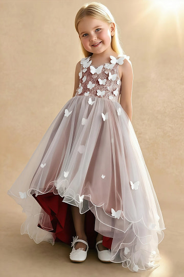 Akaks Eria Auburn Flower Girl Dress A-Line V-neck Lace Tulle Asymmetrical Hem Sleeveless 3D White Flowers Dress Image427559
