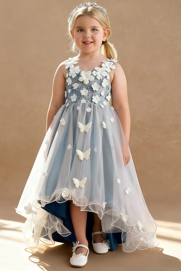 Akaks Eria Bermuda Flower Girl Dress A-Line V-neck Lace Tulle Asymmetrical Hem Sleeveless 3D White Flowers Dress Image336323