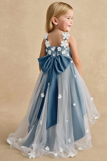 Akaks Eria Bermuda Flower Girl Dress A-Line V-neck Lace Tulle Asymmetrical Hem Sleeveless 3D White Flowers Dress Image995625