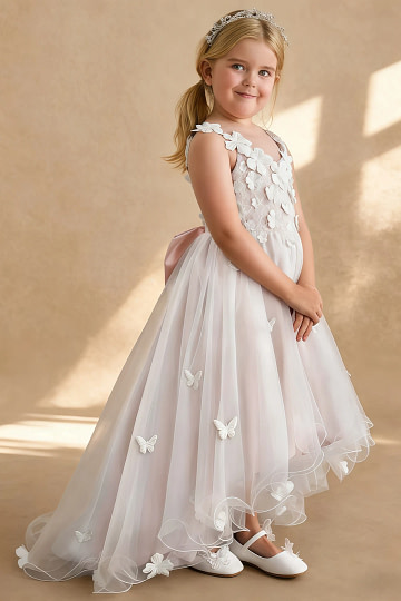 Akaks Eria Blush Pink Flower Girl Dress A-Line V-neck Lace Tulle Asymmetrical Hem Sleeveless 3D White Flowers Dress Image497865