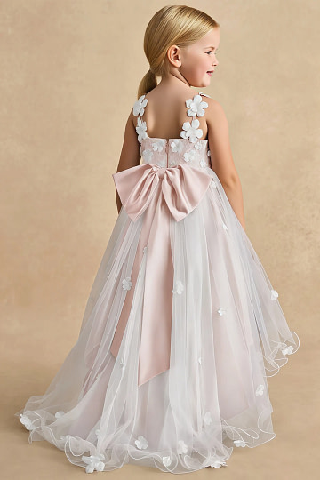 Akaks Eria Blush Pink Flower Girl Dress A-Line V-neck Lace Tulle Asymmetrical Hem Sleeveless 3D White Flowers Dress Image628012