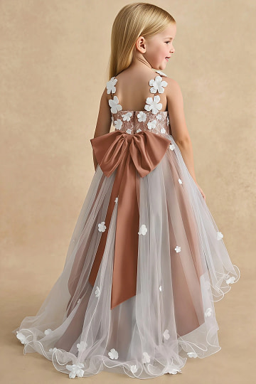 Akaks Eria Bronze Flower Girl Dress A-Line V-neck Lace Tulle Asymmetrical Hem Sleeveless 3D White Flowers Dress Image282138